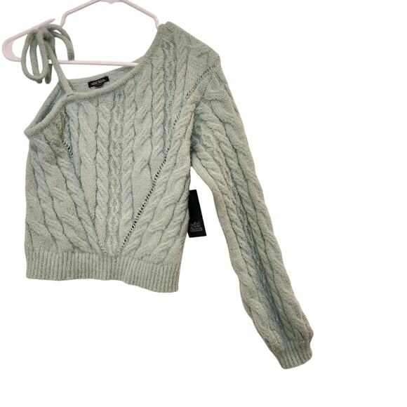 Wild Fable Long Sleeve One Shoulder Mint Green Cable Knit Crop Sweater Small - Picture 2 of 7